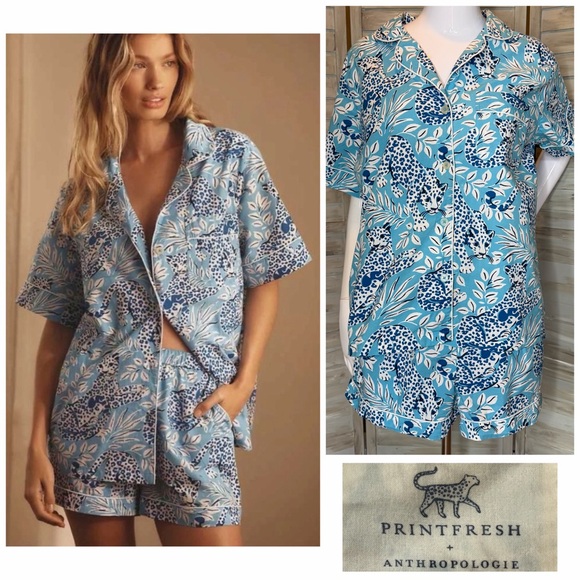 Anthropologie Other - Printfresh + Anthropologie City Cats blue leopard print pajama shorts set NWOT